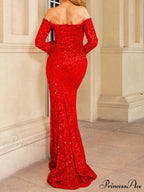 Red Sequined Split Maxi Party Dress