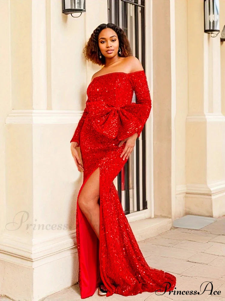 Red Sequined Split Maxi Party Dress