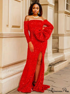 Red Sequined Split Maxi Party Dress