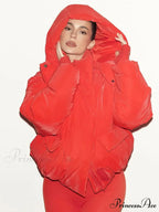 Red Stand Collar Zipper Cotton Coat