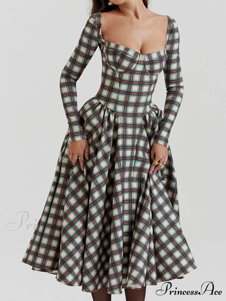 Red Tartan Stylish Corset Midi Dress