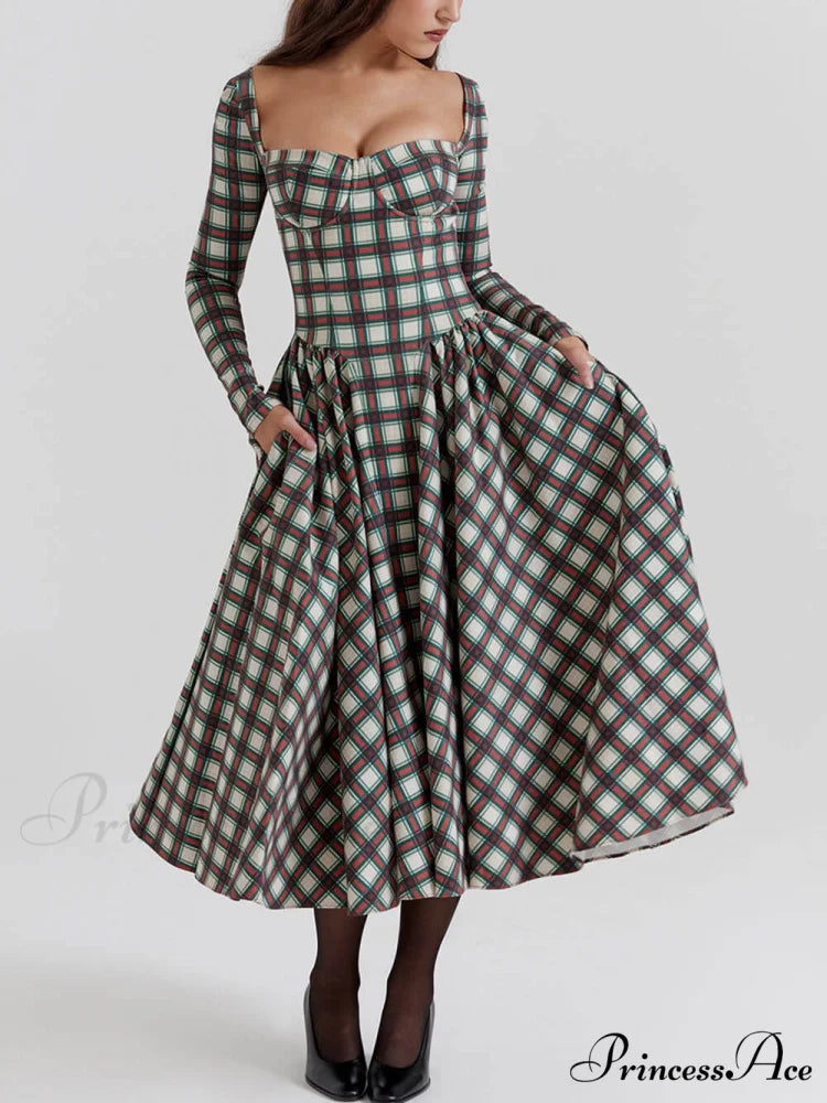 Red Tartan Stylish Corset Midi Dress