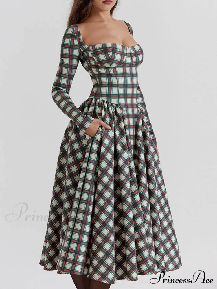 Red Tartan Stylish Corset Midi Dress