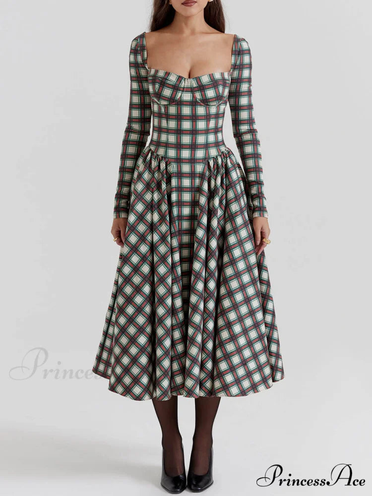 Red Tartan Stylish Corset Midi Dress