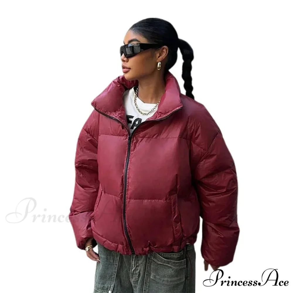 Red Turn-Down Collar Zipper Coat