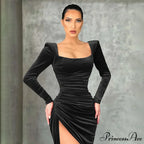 Red Velvet Elegant Midi Christmas Party Dress