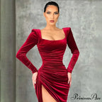 Red Velvet Elegant Midi Christmas Party Dress