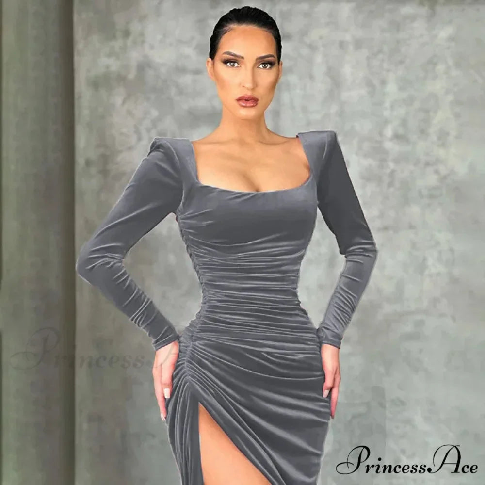 Red Velvet Elegant Midi Christmas Party Dress