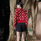 Red Vintage Argyle Jacquard Cardigan