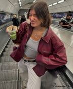 Red Wine Leather Lapel Coat