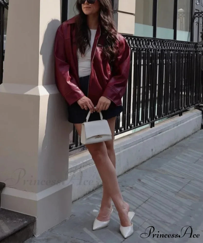 Red Wine Leather Lapel Coat