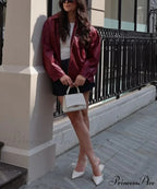 Red Wine Leather Lapel Coat