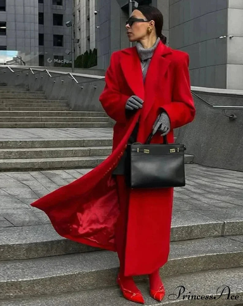 Red Woolen Blend Lapel Coat