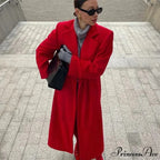 Red Woolen Blend Lapel Coat