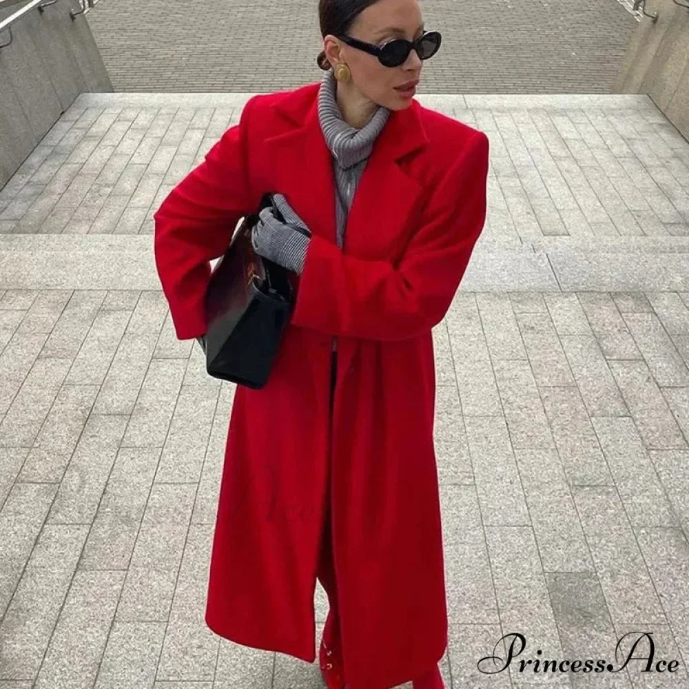 Red Woolen Blend Lapel Coat