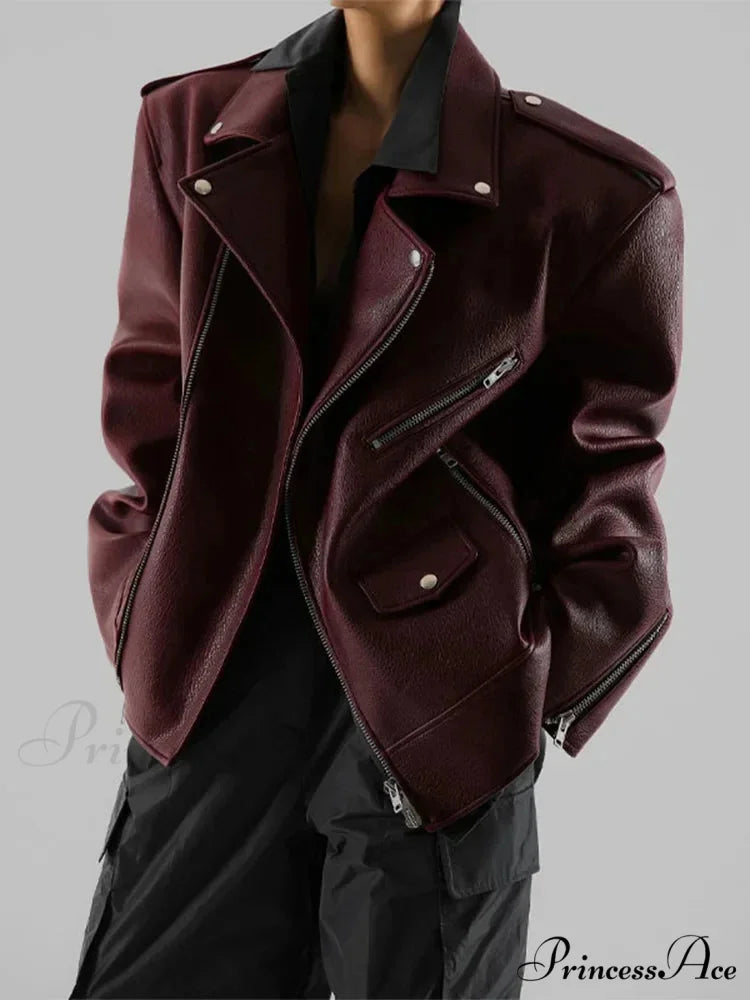 Red Zipper High Neck Leather Coat