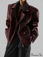 Red Zipper High Neck Leather Coat
