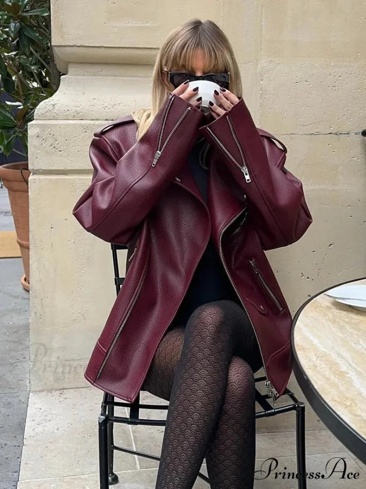 Red Zipper High Neck Leather Coat