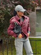 Red Zipper High Neck Leather Coat