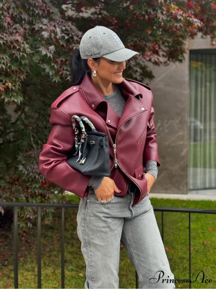 Red Zipper High Neck Leather Coat