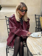 Red Zipper High Neck Leather Coat