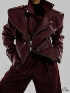 Red Zipper High Neck Leather Coat
