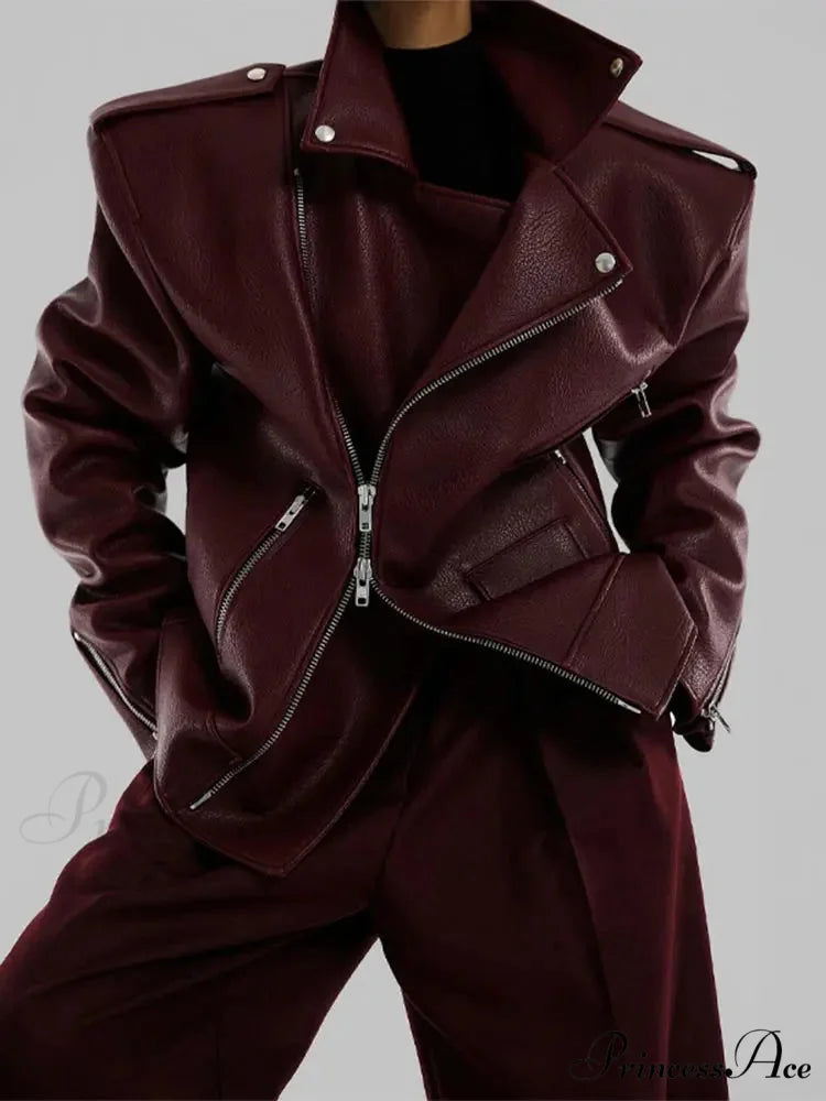 Red Zipper High Neck Leather Coat