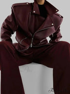 Red Zipper High Neck Leather Coat