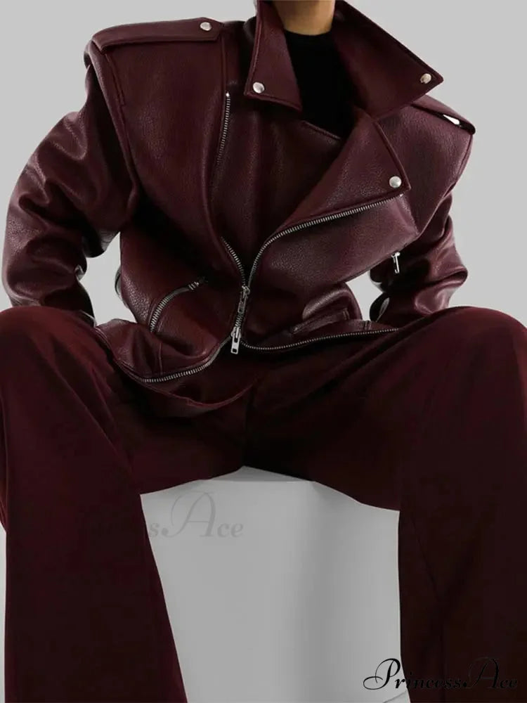 Red Zipper High Neck Leather Coat