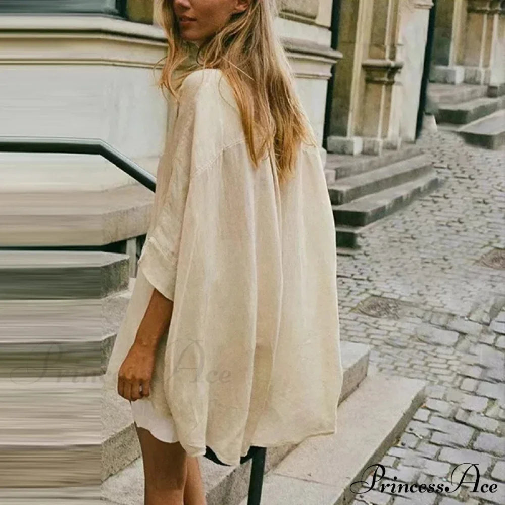 Relaxed Baggy Ivory Button-up Half Sleeve Blouse