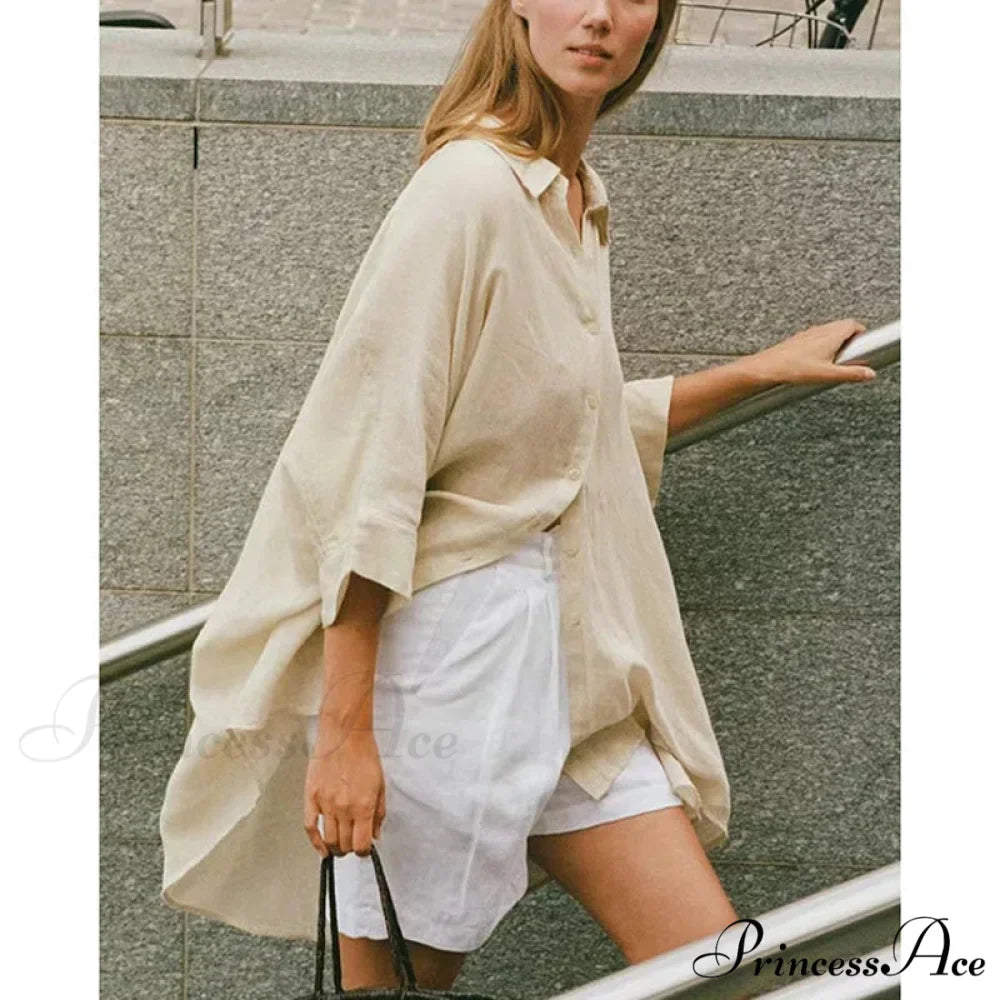 Relaxed Baggy Ivory Button-up Half Sleeve Blouse