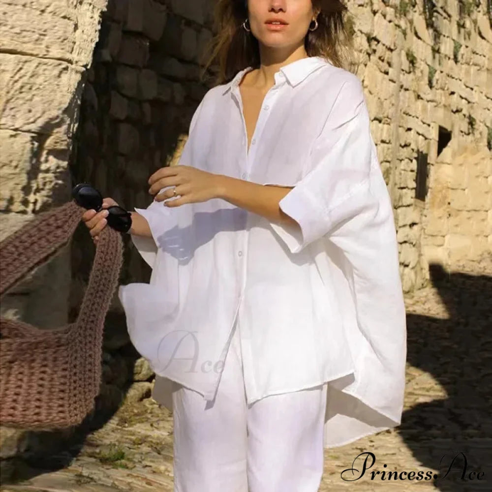 Relaxed Baggy Ivory Button-up Half Sleeve Blouse