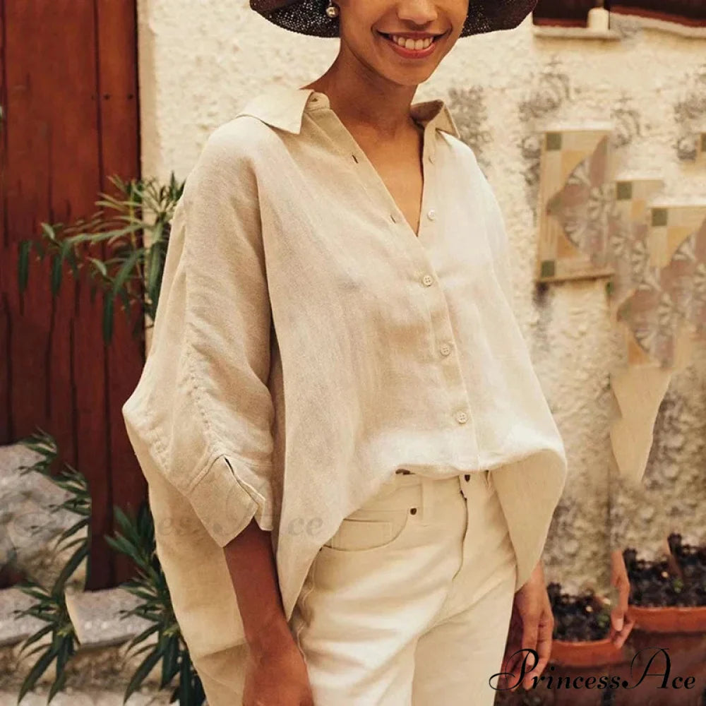 Relaxed Baggy Ivory Button-up Half Sleeve Blouse