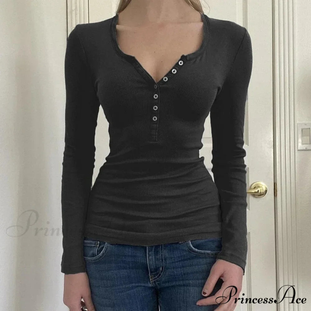 Retro 2000s Simple Crop Top Grunge Button Slim Fit Knit Top