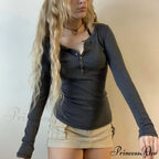 Retro 2000s Simple Crop Top Grunge Button Slim Fit Knit Top