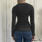 Retro 2000s Simple Crop Top Grunge Button Slim Fit Knit Top