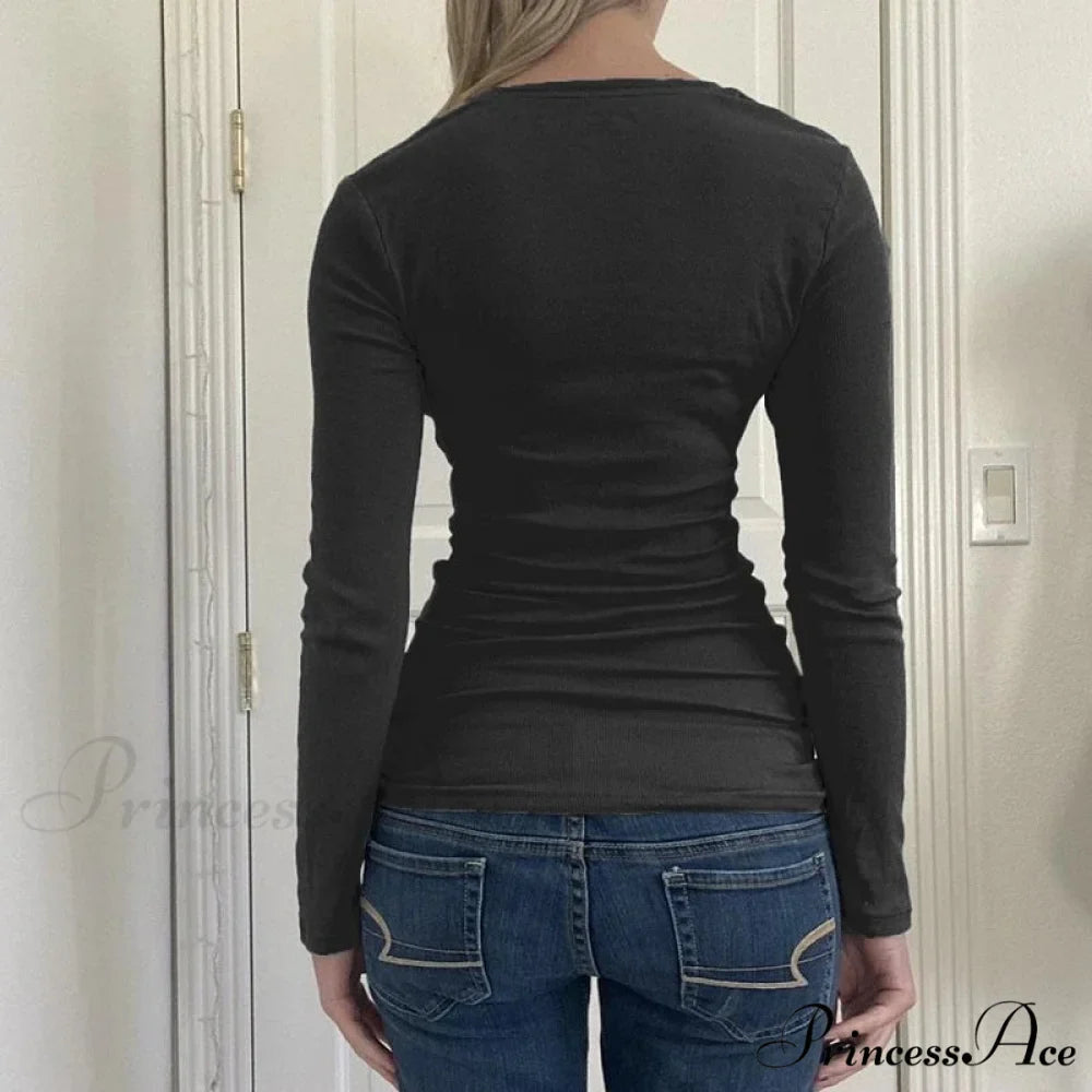 Retro 2000s Simple Crop Top Grunge Button Slim Fit Knit Top