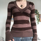 Retro Banded T-shirt V-Neck Extended Sleeve Knit Top Women