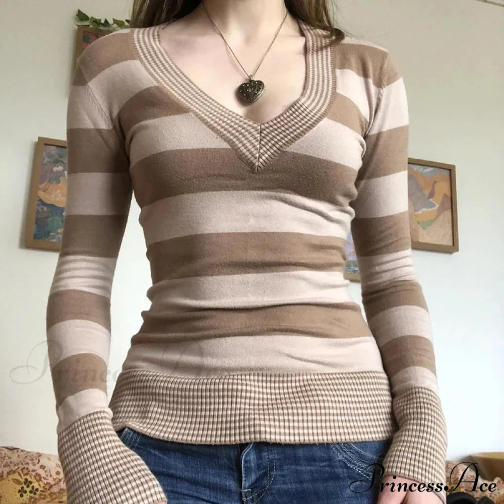 Retro Banded T-shirt V-Neck Extended Sleeve Knit Top Women