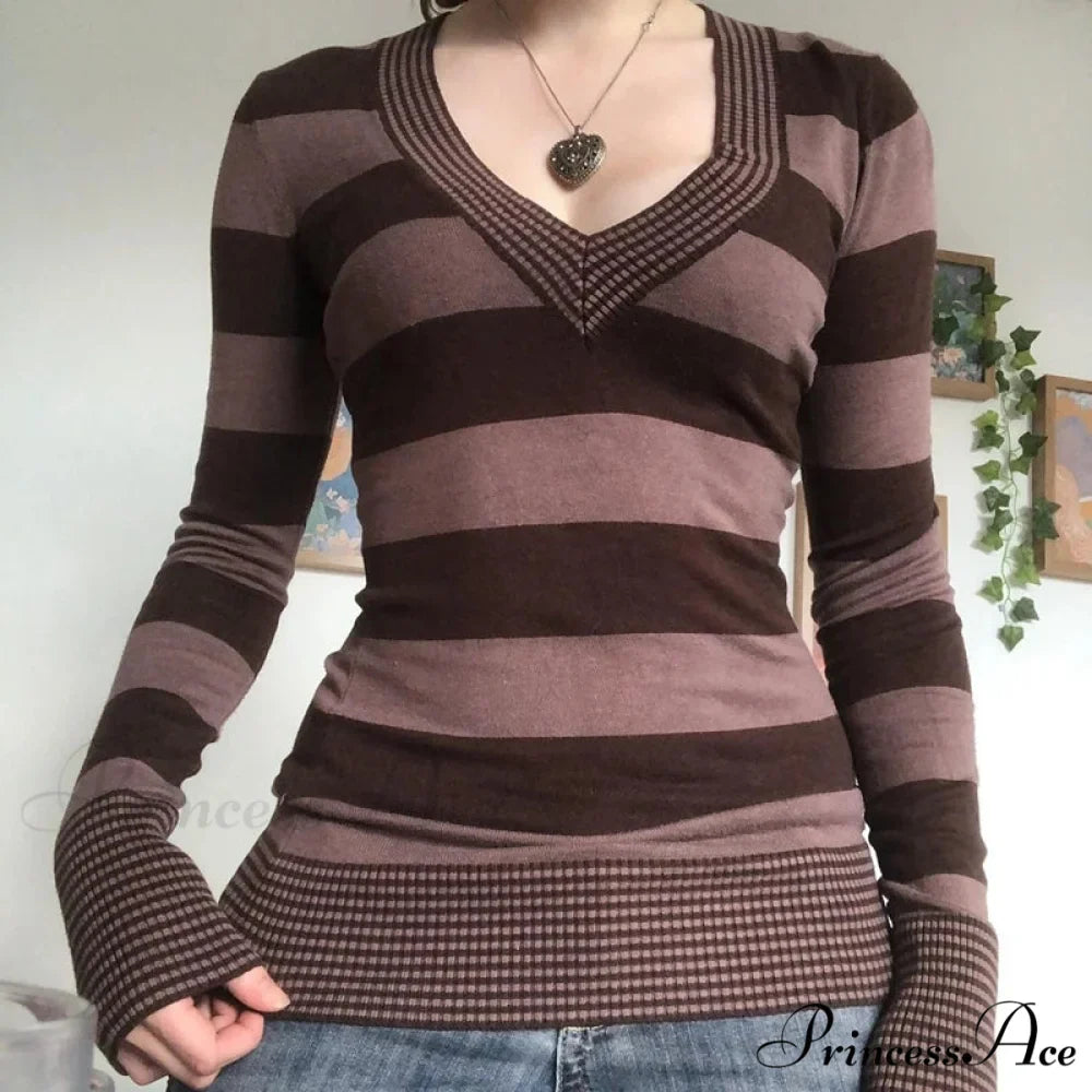 Retro Banded T-shirt V-Neck Extended Sleeve Knit Top Women