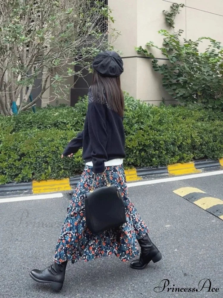 Retro Blossom Pattern High Waist Pleated Skirt