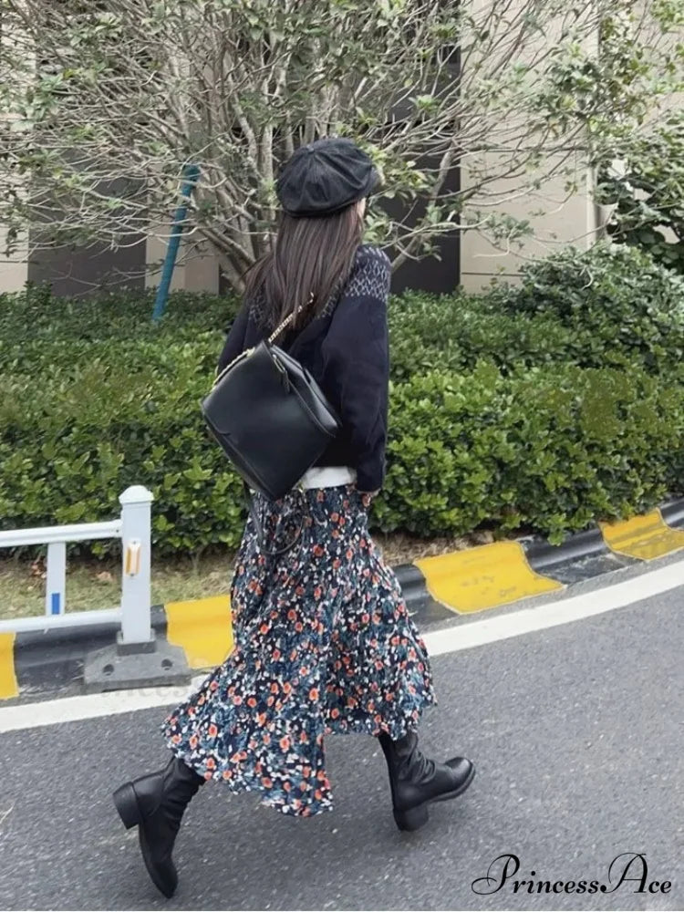 Retro Blossom Pattern High Waist Pleated Skirt