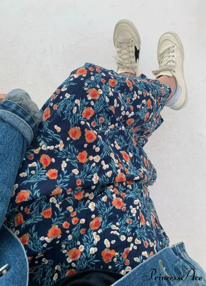 Retro Blossom Pattern High Waist Pleated Skirt