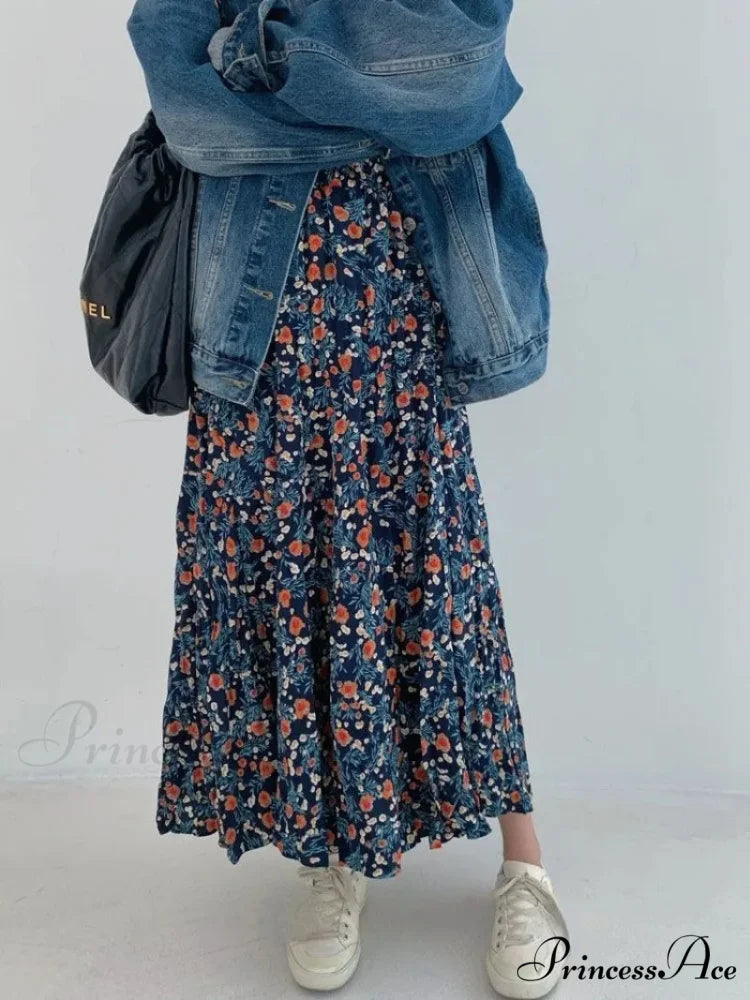 Retro Blossom Pattern High Waist Pleated Skirt