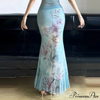 Retro Blossom Pattern Mesh Mermaid Slim Bodycon Y2K Skirt