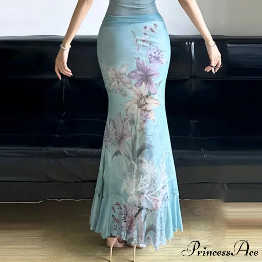 Retro Blossom Pattern Mesh Mermaid Slim Bodycon Y2K Skirt