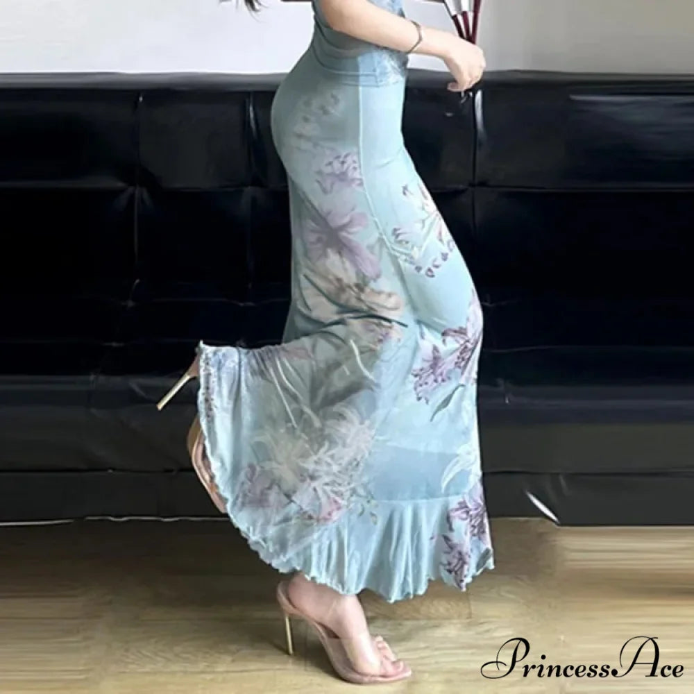 Retro Blossom Pattern Mesh Mermaid Slim Bodycon Y2K Skirt