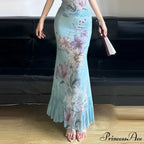 Retro Blossom Pattern Mesh Mermaid Slim Bodycon Y2K Skirt