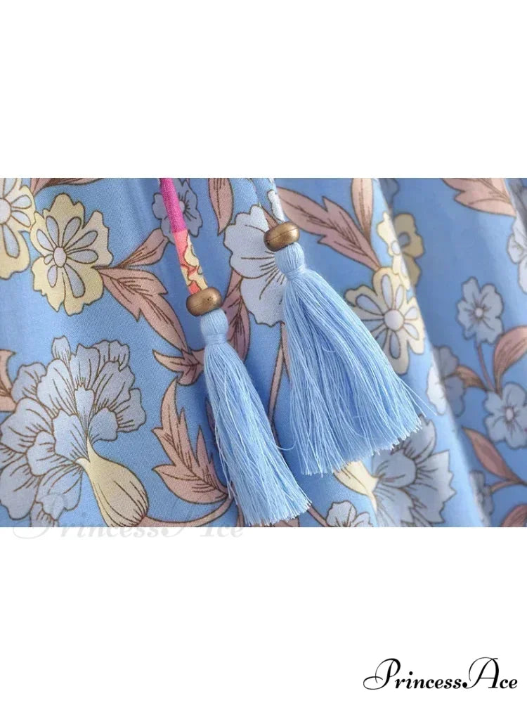 Retro Bohemian Azure Flower Pattern Fringe Shore Skirt Tall Stretchy A-Line