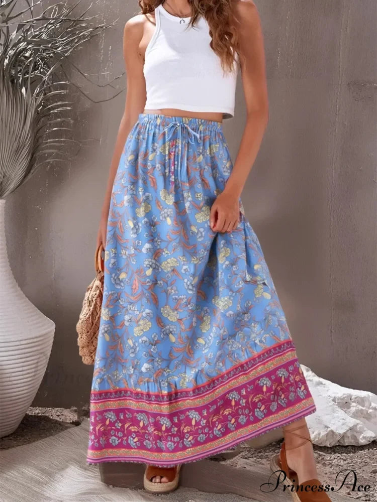 Retro Bohemian Azure Flower Pattern Fringe Shore Skirt Tall Stretchy A-Line